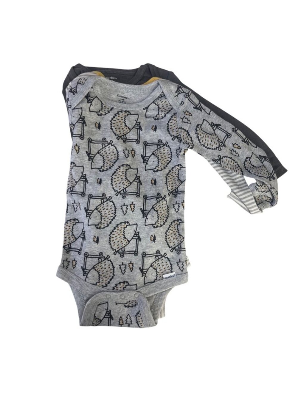 Gerber Baby 3 Pack Bodysuits 3-6 Months New WOT Hedgehog Striped Long Sleeve
